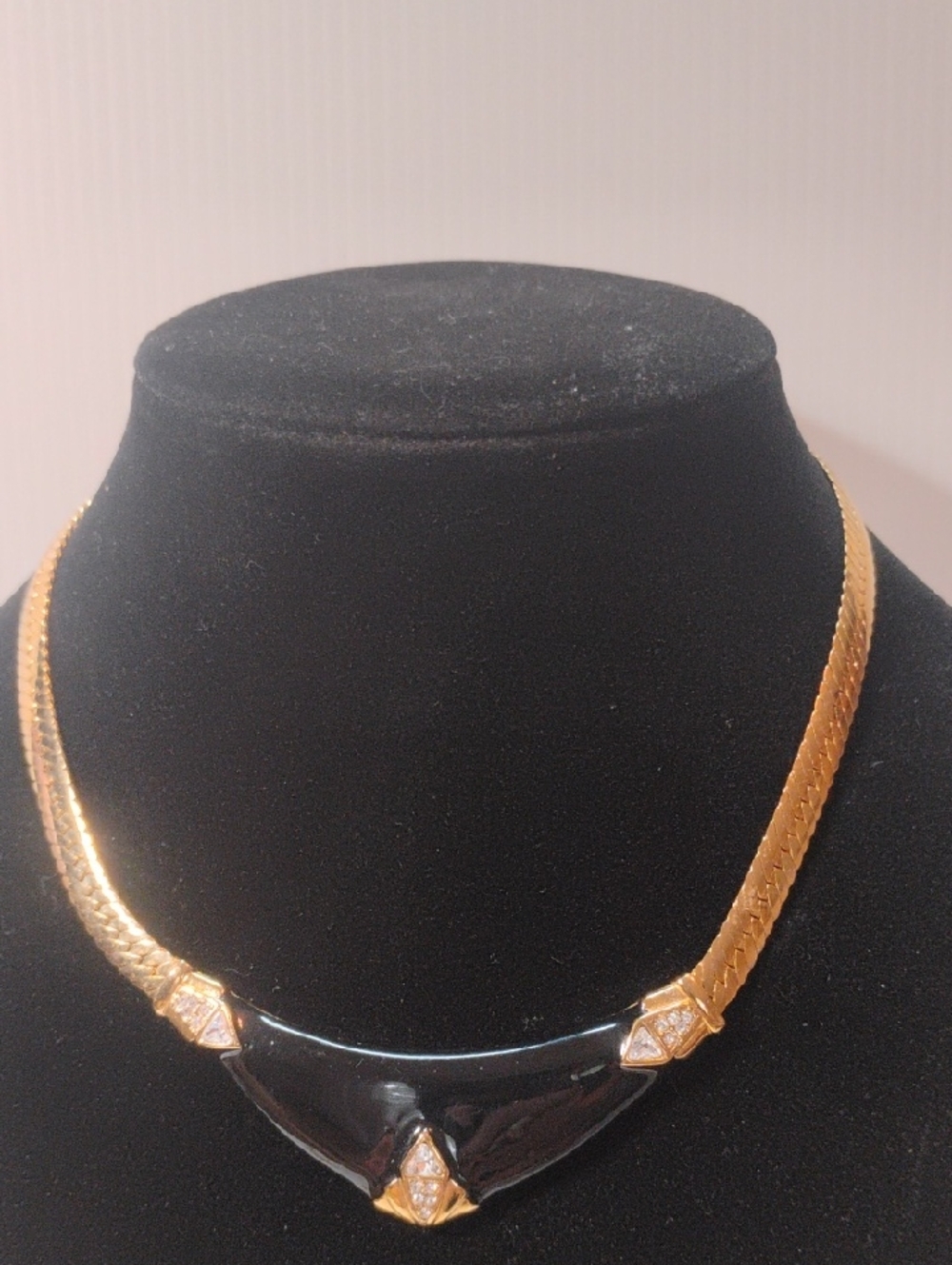 Vintage Enamel & Crystal Gold Tone Necklace
